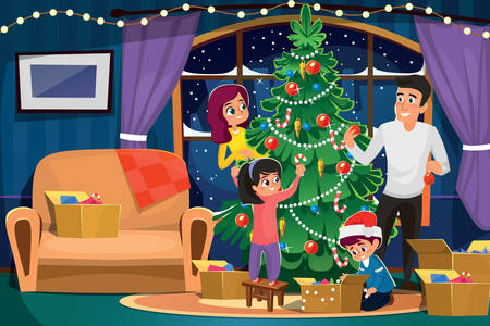 Rodina zdobí vánoční stromeček