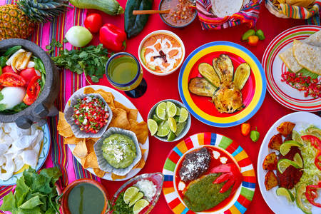 Mexican food on a colorful table