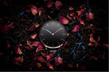 Clock on the background of dry petals