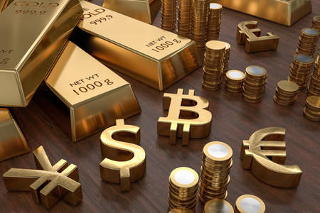 Gold bars and currency symbols
