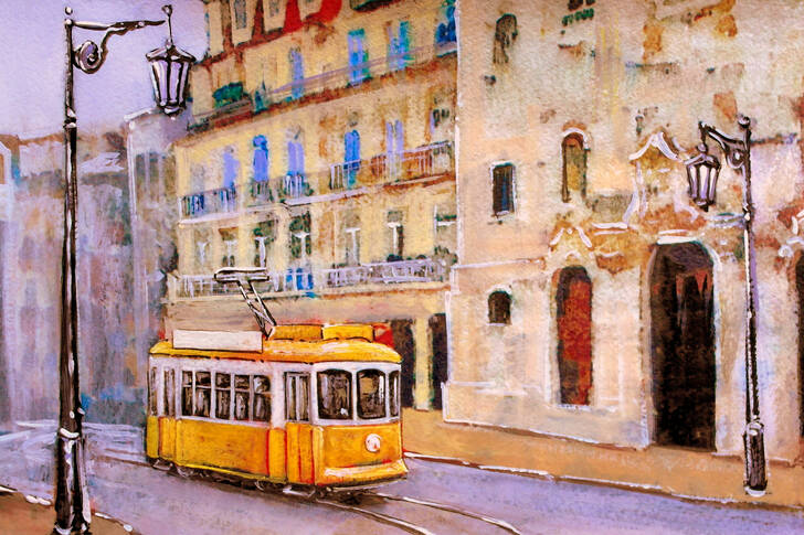 Şehir sokaklarında sarı tramvay
