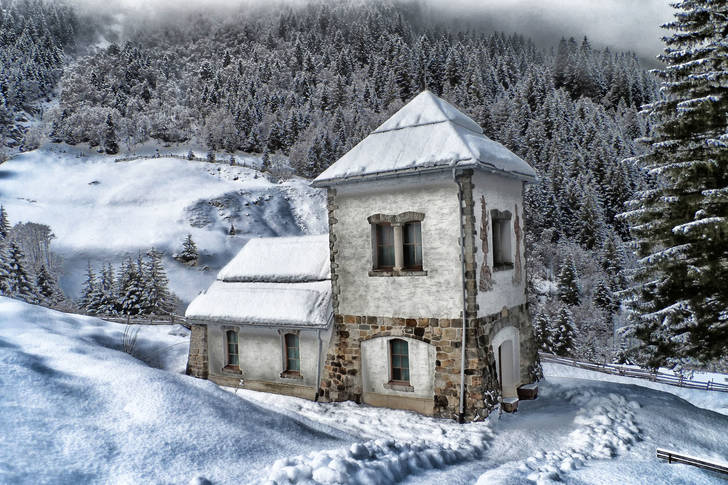 Σπίτι στο χειμερινό δάσος
