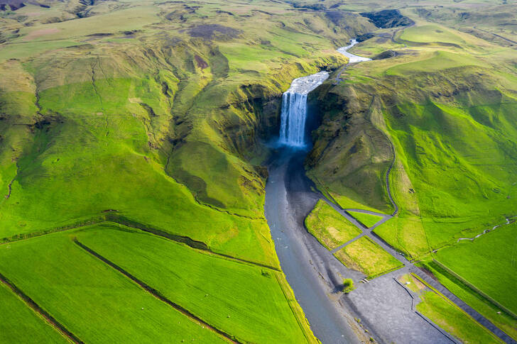 Vue aérienne de la cascade Skógafoss