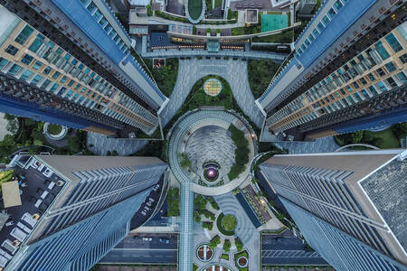 Luftfoto av skyskraperne i Hongkong