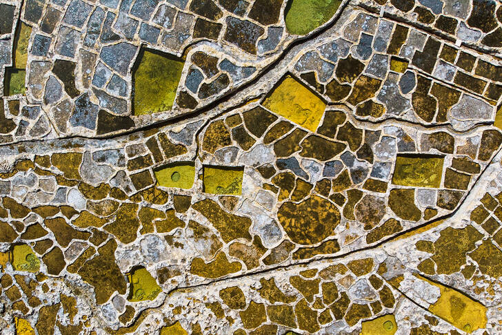 Aerial view of colorful salt lakes