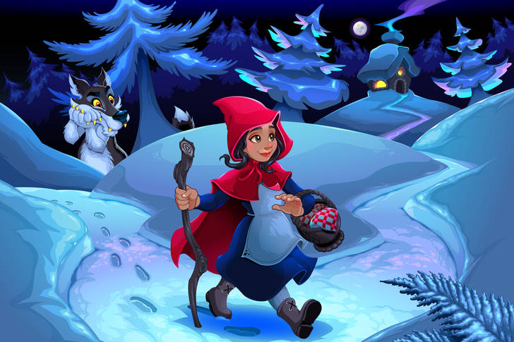 Little Red Riding Hood in the winter forest
