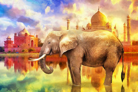 Слон на фона на Тадж Махал