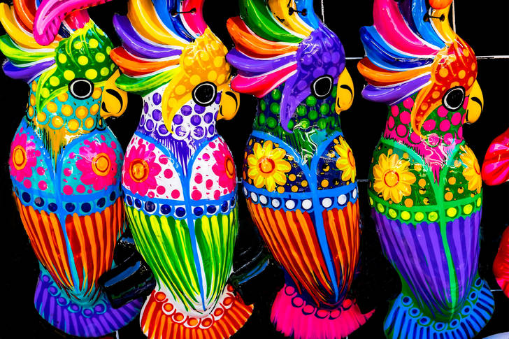 Colorful ceramic parrots