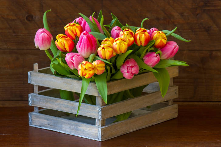 Bouquet de tulipes dans une boîte en bois