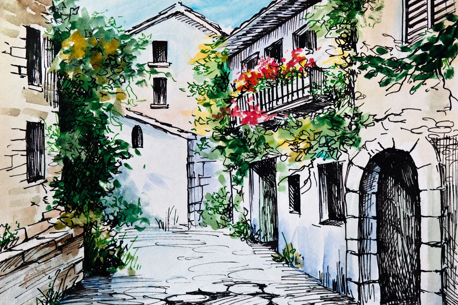 Casas de piedra con flores