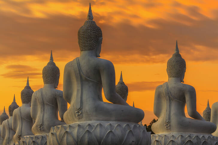 Sochy Buddhy při západu slunce