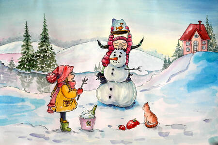 Дети со снеговиком