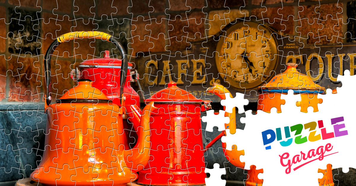 Vintage orange teapots Jigsaw Puzzle (Home, Interiors) Puzzle Garage