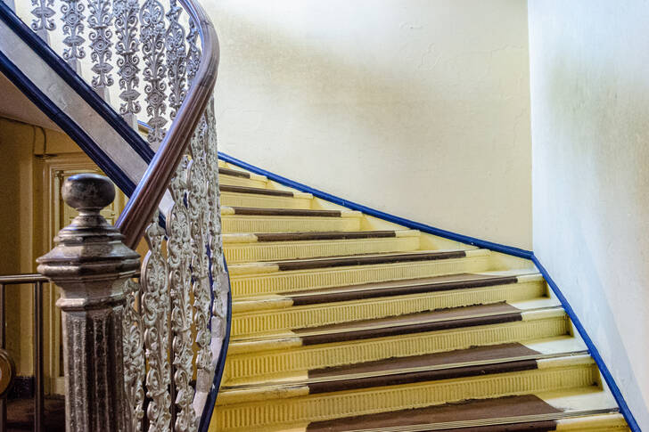 The main staircase in the Lalita Mahal palace