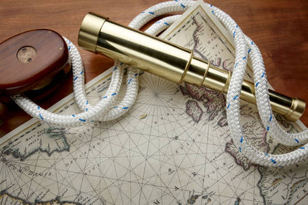 Map, telescope and nautical rope