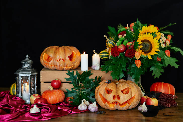 Pumpkins, candles, and sunflowers